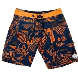 Volcom Stone Board Shorts Mens 38 Navy Orange Graphic Surf Swim Trunks Loud Y2K